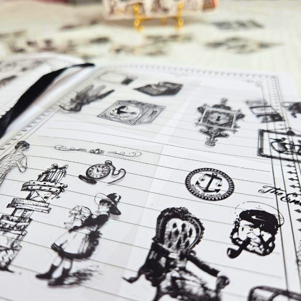 caixa_cartelas_adesivos_vintage_preto_silhouetta_scrapbook_retro_pessoas_objetos_diario_caderno