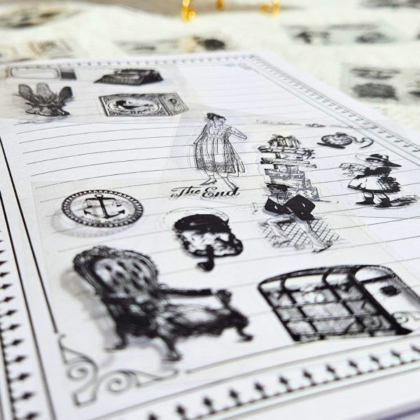 caixa_cartelas_adesivos_vintage_preto_silhouetta_scrapbook_retro_pessoas_objetos_diario_caderno