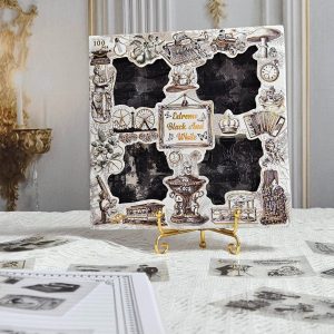 caixa_cartelas_adesivos_vintage_preto_silhouetta_scrapbook_retro_pessoas_objetos_diario_caderno